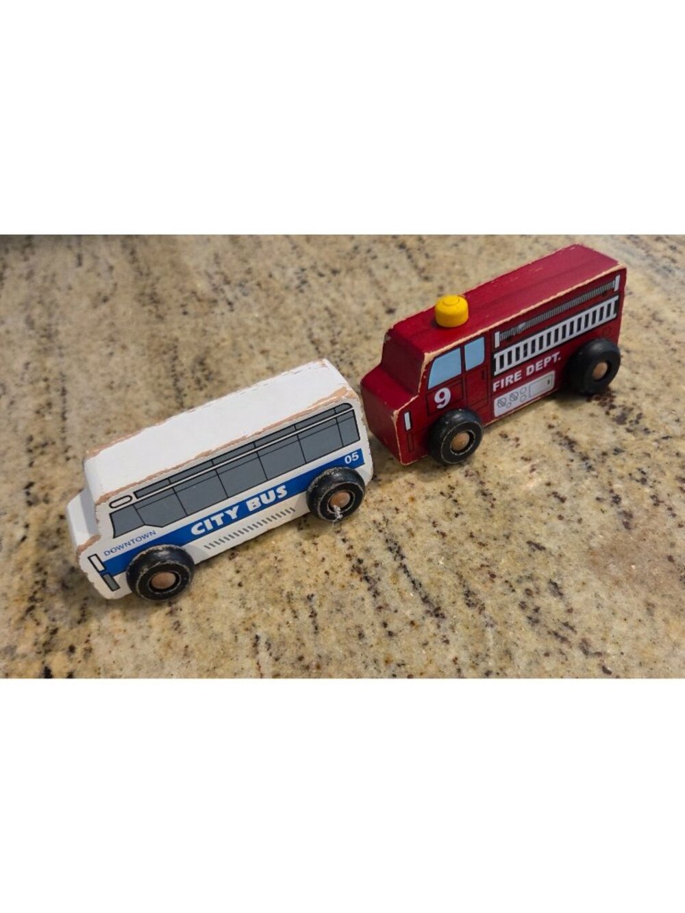 Lot of 2 Fire Truck Emergency Vehicle & City Bus Wooden toy Lakeshore
